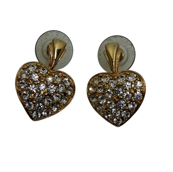 DAZZLING VINTAGE MONET GOLDTONE HEART & PAVE CRYSTAL EARRINGS - Picture 3 of 6